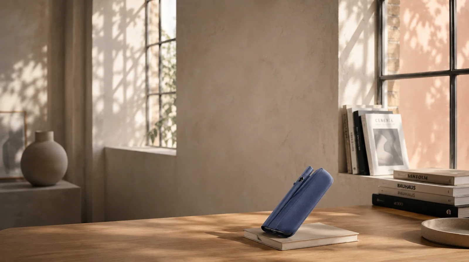 Man in blue blazer using IQOS device indoors